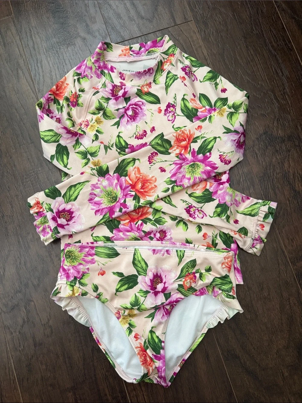 Janie and Jack Floral Long-Sleeve Rashguard Set - Pink, Green, Orange - EUC